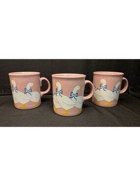 Vintage Rare PINK Country Goose Mug Set Blue Ribbon Geese Cottage Core